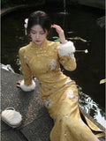 Dress Qipao 2026 New Velvet Cheongsam Skirt Autumn and Winter Yellow Inverted Large-sleeved Cheongsam