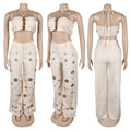 Women Set Sleeveless Strapless Tops +Wide Leg Pants Two 2 Piece Set Hole Hollow Out Outfit Summer Sexy Street Tracksuit
