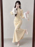 Yellow Dress Jacquard Elegant Sweet Improved Cheongsam High-end Long Sleeved Retro Temperament Slim Fit Winter Velvet Dress