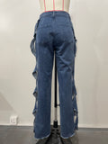 Women Streetwear Cutout Hollow Out Criss Cross Side Wide Leg  Blue Denim Pants  Fashion Sexy Party Jeans Trousers