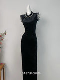 Black Velvet Dress Cheongsam Young Style High-end Atmospheric Slim Fit with Elasticity