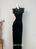 Black Velvet Dress Cheongsam Young Style High-end Atmospheric Slim Fit with Elasticity