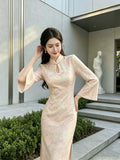 Butterfly Print Dress Knitted Cheongsam for Women Clothing 2026 New Style Pink Butterfly Spring and Autumn Slim Fit Daily Dress