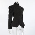 French Elegant Retro Black Blazer for Women Stand Collar Puff Sleeve Slimming Commuter Coats Female Winter Clothing