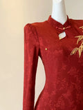 Red Dress Embroidered High-end Engagement Cheongsam Improved Version Fake Two-piece Waist Cinching Temperament Chinese Style Dress Autumn