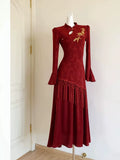 Red Dress Engagement Cheongsam Qipao Improved High-end Horn Sleeve Embroidered Waist National Style Dress