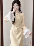 Yellow Dress Jacquard Elegant Sweet Improved Cheongsam High-end Long Sleeved Retro Temperament Slim Fit Winter Velvet Dress