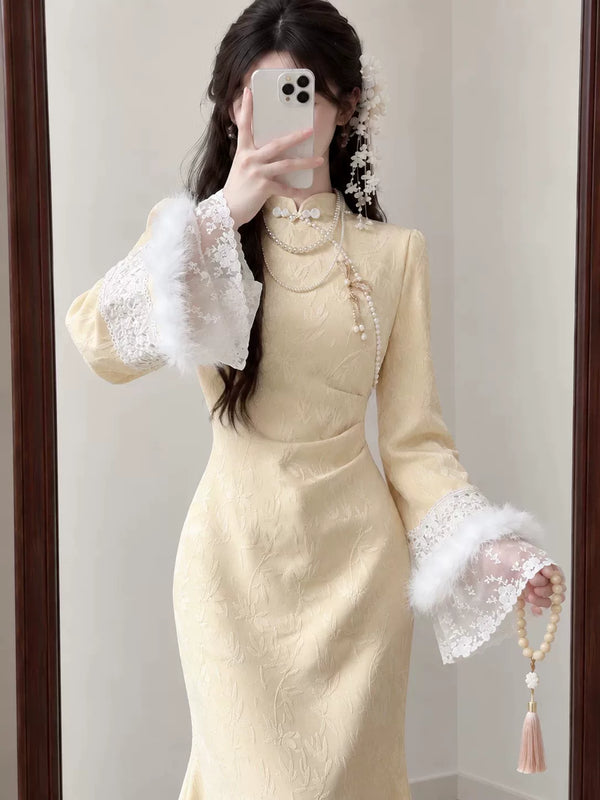 Yellow Dress Jacquard Elegant Sweet Improved Cheongsam High-end Long Sleeved Retro Temperament Slim Fit Winter Velvet Dress