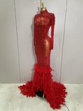 New Sexy Sparkling Red Crystals Feathers Long Sleeve Mermaid Maxi Dress Women Wedding Celebrate Luxury Birthday Party Prom Gown