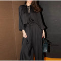 Solid Color Tie Neck Satin Blouse Wide Leg Pants Two Piece Set Long Sleeve Loose Fit 2026 Spring Daily Vacation Women Outfit