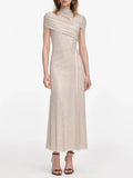 Elegant Business Style Purple Sparkle Gown for Women Asymmetrical Neck Short Sleeves Ruched Waist Skirt for Wedding Toasts
