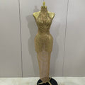 2026 Women Birthday Party Gown Stage Singer Performance Costume Luxury Sparkly Gold Rhinestone Sexy Transparent Mesh Long Dress