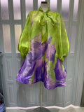 Abstract Brush Print Mini Dress for Women  Bow Tie Neck Lantern Long Sleeve Sheer Organza Loose A Line for vacation shopping