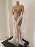 Women Birthday Evening Celebrate Party Nightclub Stage Wear Sexy Sparkly Diamonds Tassel Strapless Mesh See Through Long Dress