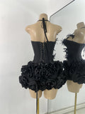 Black Bandage Floral Hather Top Short Skirt Set Women Sexy Backless Knitted Two Pieces Bandage Outfit Nightclub Wear