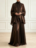 Modest Two Piece Set for Women Turtleneck Raglan Balloon Sleeve Irregular Top Maxi Flowy Long Skirt for Evening Occasions