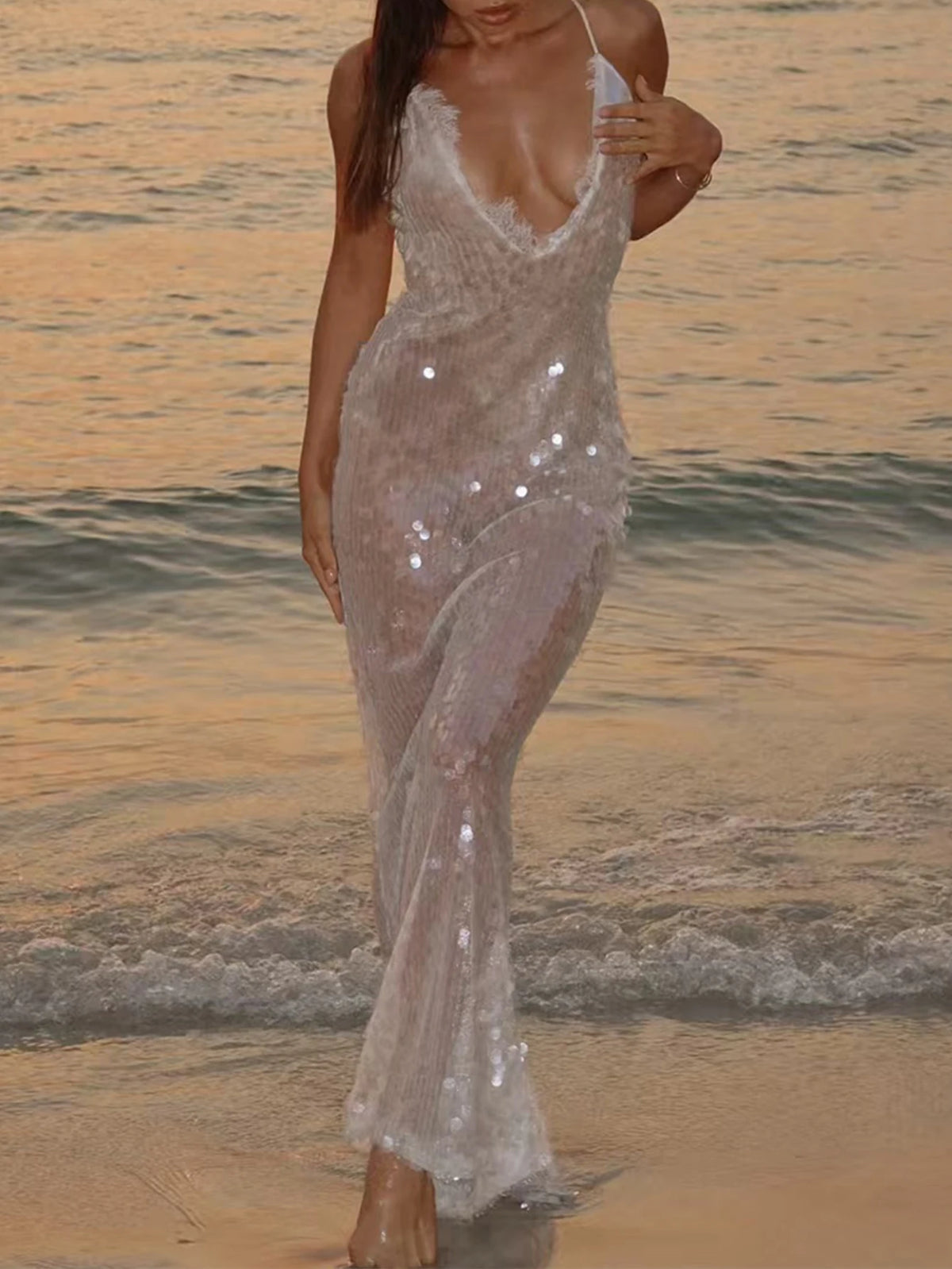 Sexy White Backless Sequin Summer Dress Women Maxi Slip Beach Birthday Dress Woman Elegant Party Evening Long Dresses Vestidos
