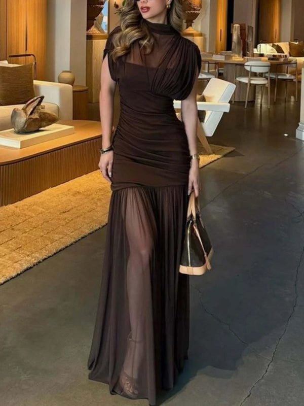 Solid Slimming Spliced Folds Dress for Women O Neck Sleeveless Elegant Temperament Dresses Female Summer Fashion