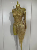 Sparkly Rhinestones Tassel Sexy See-Through Dress Women One Shoulder Latin Dance Outfits Bars Nightclub Party Stage Costume