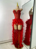 Women Sexy Straplss Crystals Diamonds Feather Luxury Party Dress Designer Mesh Transparent Performance Stage Outfit