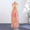 Sexy V-neck Halter Backless Printed Long Dress Women Sleeveless Lace Up High Waist Slim A-line Maxi Dress Lady Chic Casual Dress