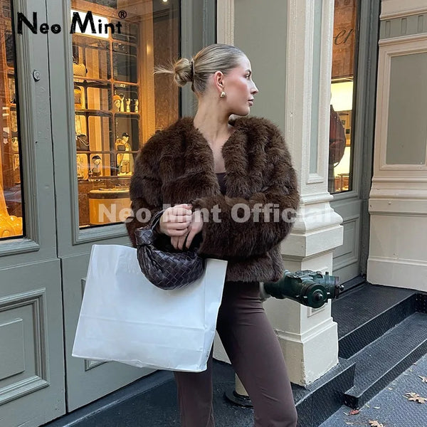 Vintage Brown Patchwork Fur Coat Women Winter Luxury Brand Fashion Faux Fox Fur Jacket Chic Street Girl Overcoats