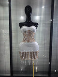 Shining Diamond Chain Women Sexy Strapless Bodycon Midi Dress Velvet Elegant Evening Party Cocktail Fashion Homecoming Outfit