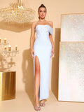 Strapless Pearl bead Bodycon Long Dress Off-shoulder Side Slit Sexy Club Party Evening Maxi Dresses Women's Clothing