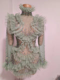 Women Eveing Party Birthday Dance Nightclub Stage Wear Sexy Sparkly Rhinestone Ruffled Long Sleeves Mesh See Through Mini Dress