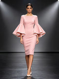 Women's Slim O-neck Midi Dress for Women Flared Sleeves Bodycon Dress 2026 Stylish Contrast Trims Elegant Party Dress