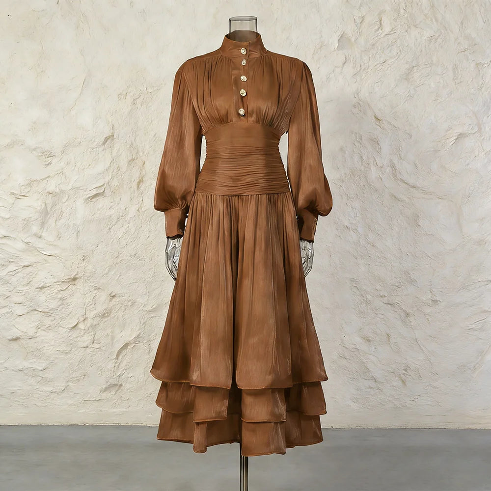 Luxury Afternoon Tea High Neck Pleated Maxi Dress for Women Puff Sleeve Ruched Waist Tiered Flared Skirt for Wedding Guest