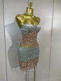 Sexy Strapless Rhinestone Pearl Chain Mesh Mini Dress Women Luxury Birthday Party Nightclub Celebrity Stage Performance Outfit