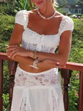 Beach Holiday Skirt Suit for Women Folds Tube Top High Waist Spliced Lace Long Skirt White Two Piece Set Female New