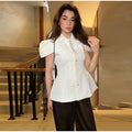 Vintage Women Satin Solid Jacket Puff Short Sleeve Single Breasted Waist Top Fashion All-match Retro 2026 Spring Summer Coat