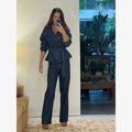 Women Dark Blue Denim Sets Vintage Lapel Belted Peplum Long Sleeve Cuff Top Wide Leg Pants Outfit 2026 Lady Autumn Chic Suits