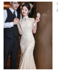 Wedding Dresses Mermaid Long Sleeves Mesh Lace Floral Chesongam Women Elegant Vestidos Stand Collar Chinese Style Dresses