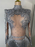 Sparkly Crystal Diamond Sexy Sheer See Through Shining Tassels Dress Long Sleeve Prom Dress Birthday Party Performance Dress