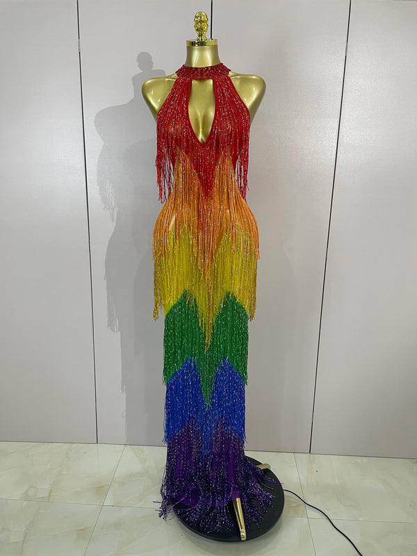 Women Sparkly Diamonds Graduated Rainbow Color Long Dress  Sexy Mesh Evening Party Birthday Club Gowns Photoshoot Stage Costumes