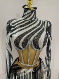 New Shiny Diamond Sequin Tassels Sexy Mesh Long Sleeved Two Piece Set Women Evening Birthday Party Nightclub Stage Costume