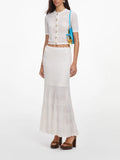 Summer Edge Date White Hollow Knit Two Piece Set for Women Button Accent Crop Top Mermaid Skirt Outfit for Casual Daily Wear