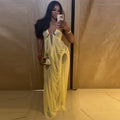 Sexy Yellow Chiffon Halter Maxi Dress Lady Chic Hollow Out Backless Lace Up Sleeveless See Through Robe Female Spring Party Wear