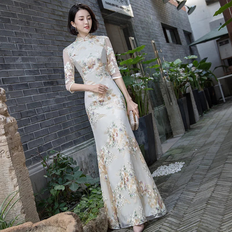 Elegant Female Qipao Dress Retro Mandarin Collar Cheongsam Sexy Mermaid Evening Party Dress Applique Vestidos De Festa