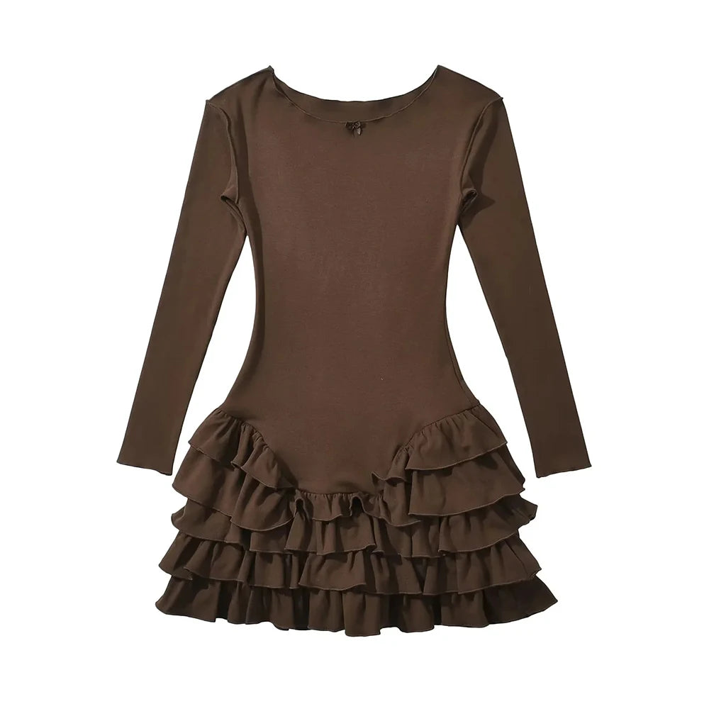 Solid Slimming Spliced Bows Dresses for Women Round Neck Long Sleeves Patchwork Ruffles Fold Dress Female Clothing
