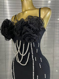 Black Color Women Sexy Strap Pearl Beading Bodycon Mini Bandage Dress Florals Celebrate Nightclub Party Cocktail Outfit