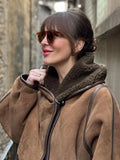 Brown Suede Shearling Lined Hooded Cropped Jacket Women's Bomber Coat  Warm Winter Outerwear Fashion High Street Lady Outfit