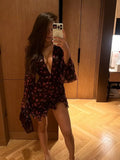 Elegant Flora Painted Ruffle Mini Dress Women Chic Full Sleeve Deep V-neck Slim A-line Short Robe 2026 Lady Vacation Street Gown