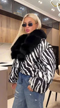 Zebra Print  Fur Collar Puffer Jacket Womens Button Down Trendy Warm Coat Fall Winter Party Club Streetwear Cozy Daily Outerwear