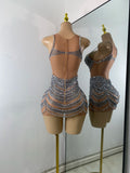 Sparkly Crystals Diamonds Mesh See Through Mini Dress Luxury Women Sexy Sleeveless Perforamnce Dance Costume Night Club Wear