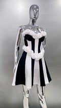 Women's Spring 3D White Rose Black White Striped Tube Top Skirt Fashion Elegant Dinner Party Bandage Performance Gown Robe Femme