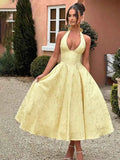 Elegant Pink Halter Jacquard Bow Long Dress Women's Corset Backless High Waist Yellow Dresses Summer Evening Party Wedding Guest